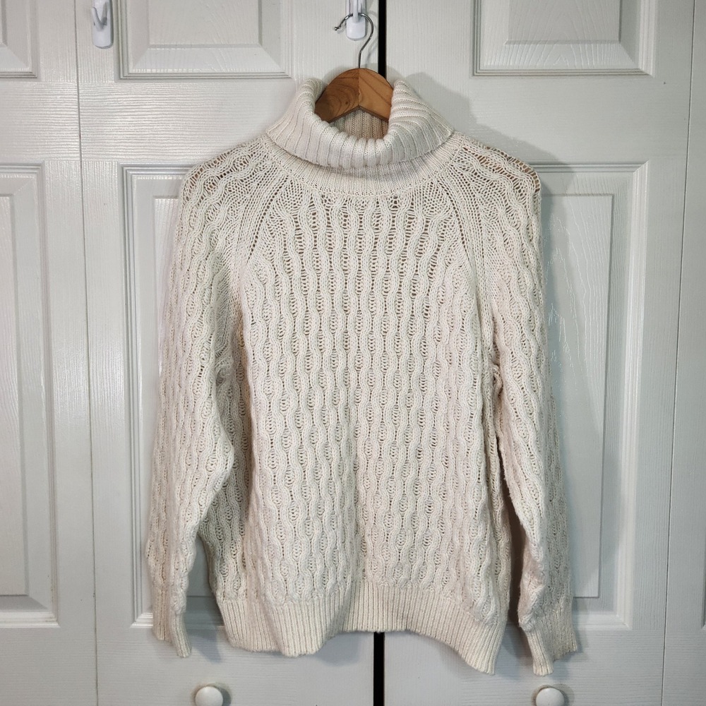 Falls Creek Womens Large Cream Wavy Cable Knit Turtleneck Sweater Wool Blend L